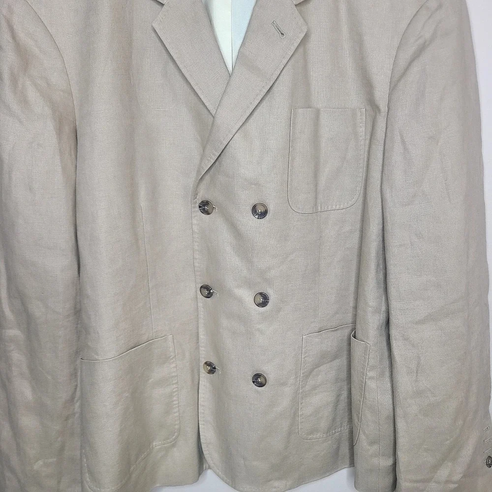 J. Peterman Men Size 52 Tan Linen Double Breasted Suit Jacket Blazer Sport Coat